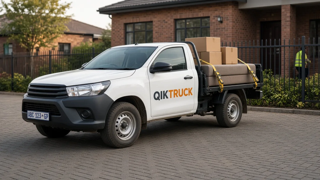 QikTruck bakkie on a South African driveway with furniture ready to load