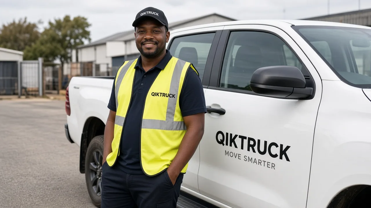 QikTruck partner driver in a branded hi-vis vest beside a white bakkie