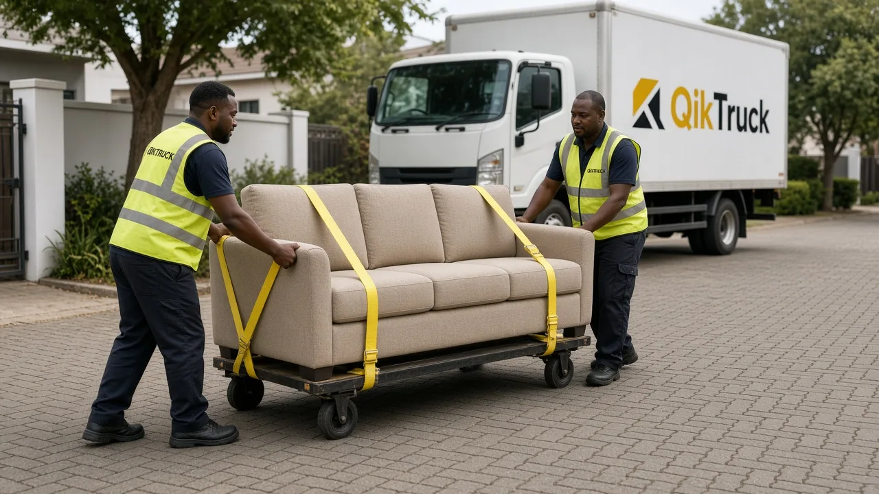 QikTruck movers in hi-vis vests rolling a sofa on a furniture trolley